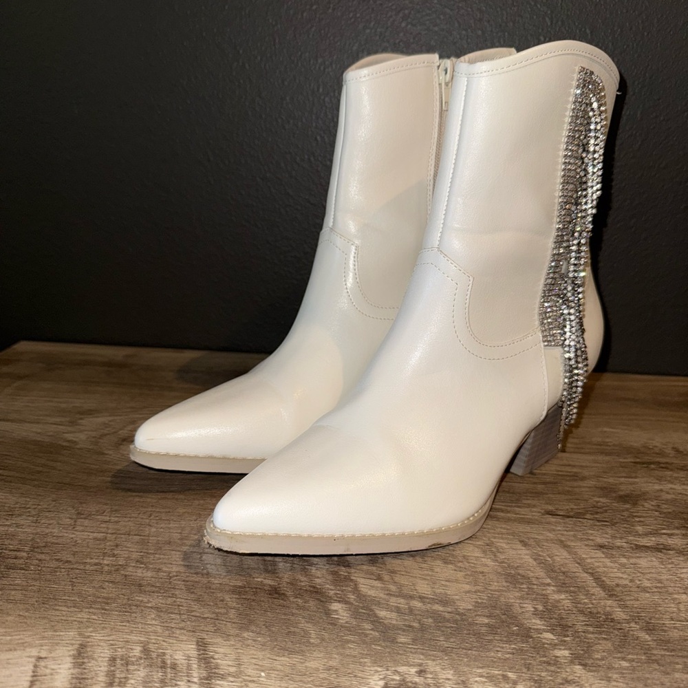 White Ankle Boots with Crystal Fringe and Stiletto Heel